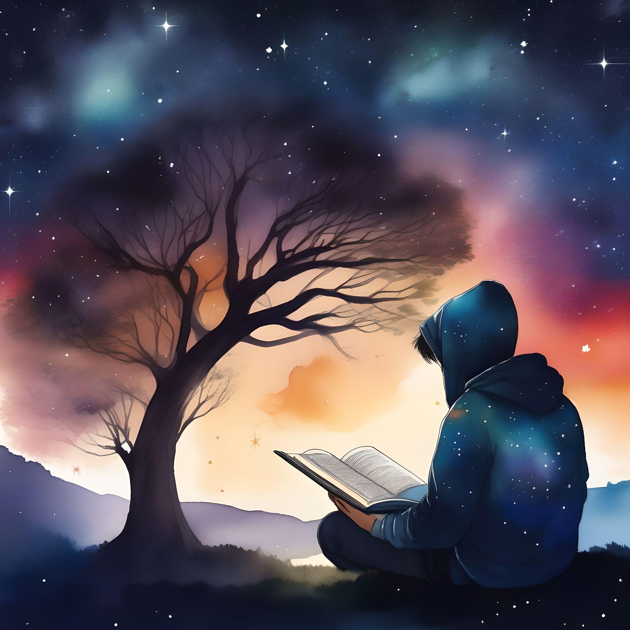 a cartoon boy reading a book beneath a sky of stars